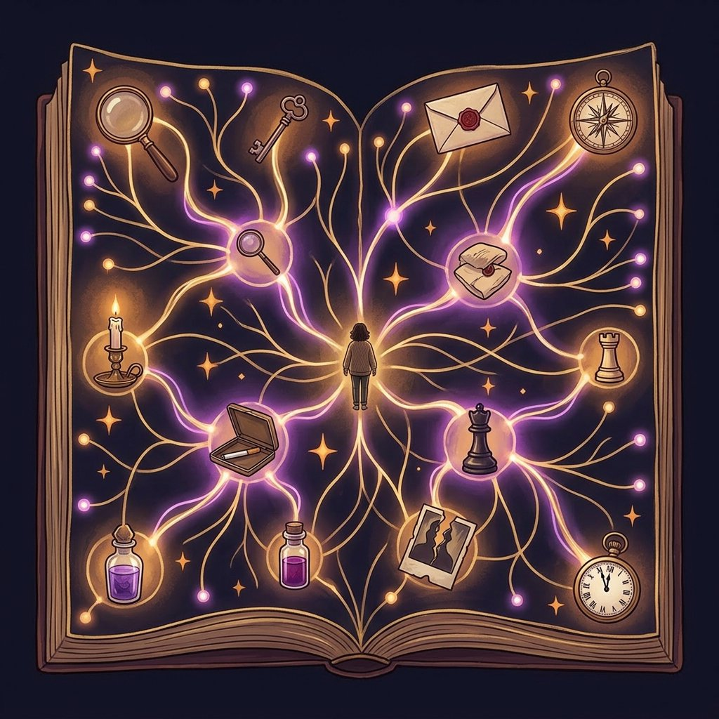 An illuminated open book viewed from above, the two pages covered with a constellation of story objects — magnifying glass, skeleton key, sealed letter, compass, candle, pocket watch, poison bottle, chess pieces, torn photograph — all connected by glowing golden and purple threads. A small silhouette of the woman stands at the centre, surrounded by the web of clues.