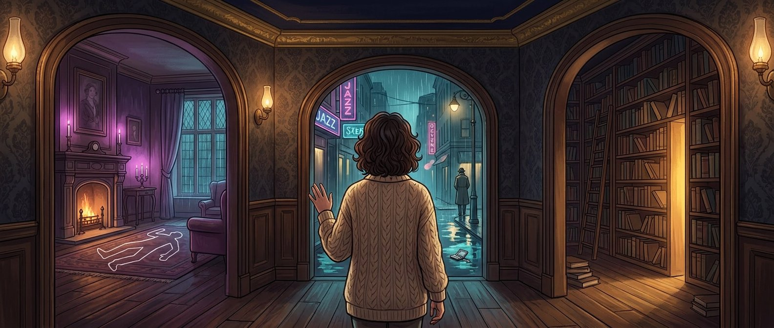 A Victorian hallway with three arched doorways. Left: a country manor with a chalk outline on the floor and a roaring fire. Centre: a rain-slicked jazz street at night with neon signs and a figure in a trench coat. Right: a library with towering bookshelves and a hidden passage revealed by warm amber light.